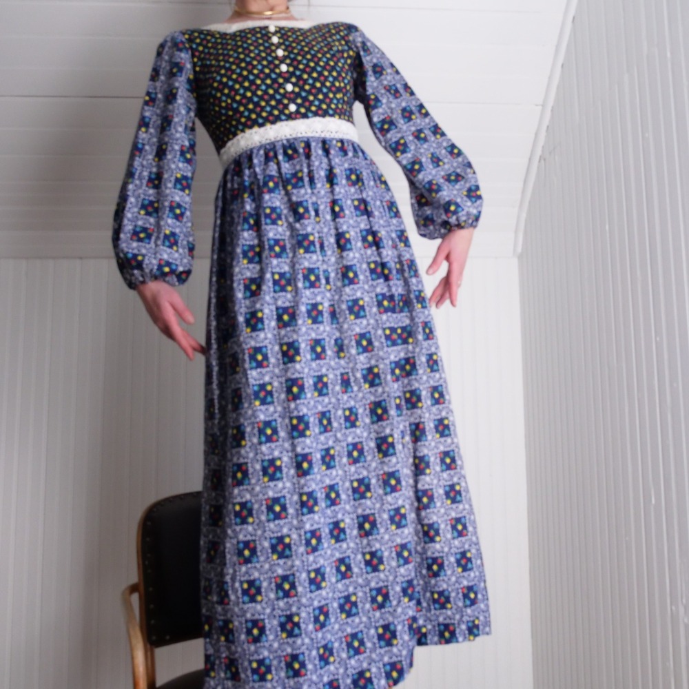 Great vintage 70s calico‎ print maxi peasant dress - Picture 3 of 8